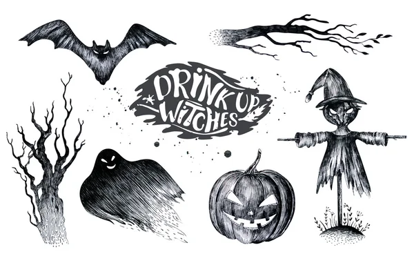 Хэллоуин рука рисует черно-белый графический набор значок, нарисованный Hallo — стоковое фото