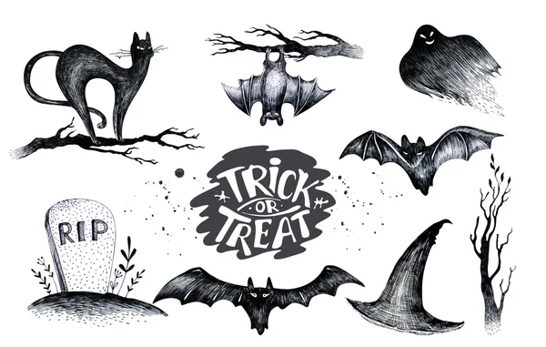Halloween mano disegno nero bianco grafica set icona, disegnato Hallo — Foto Stock