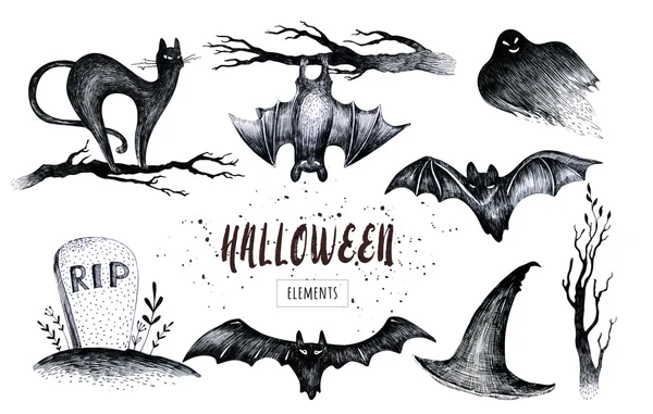 Halloween ruční černé bílé grafiky nastavit ikonu, tažené Hallo — Stock fotografie