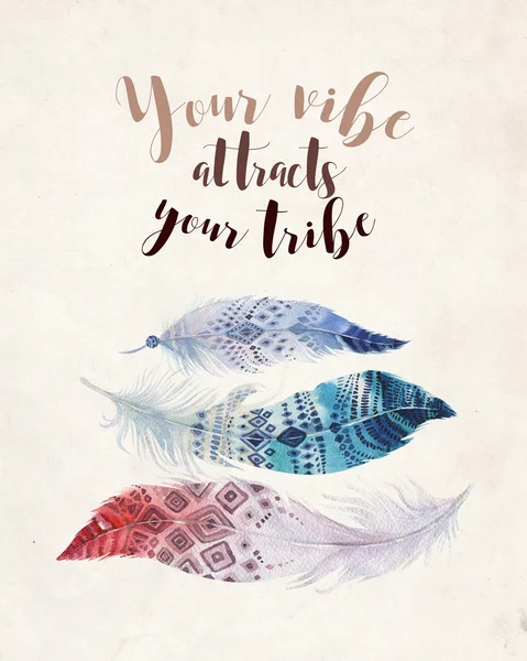 Hand drawn watercolor paintings vibrant feather background. Bohemian quotes — Stock Photo, Image