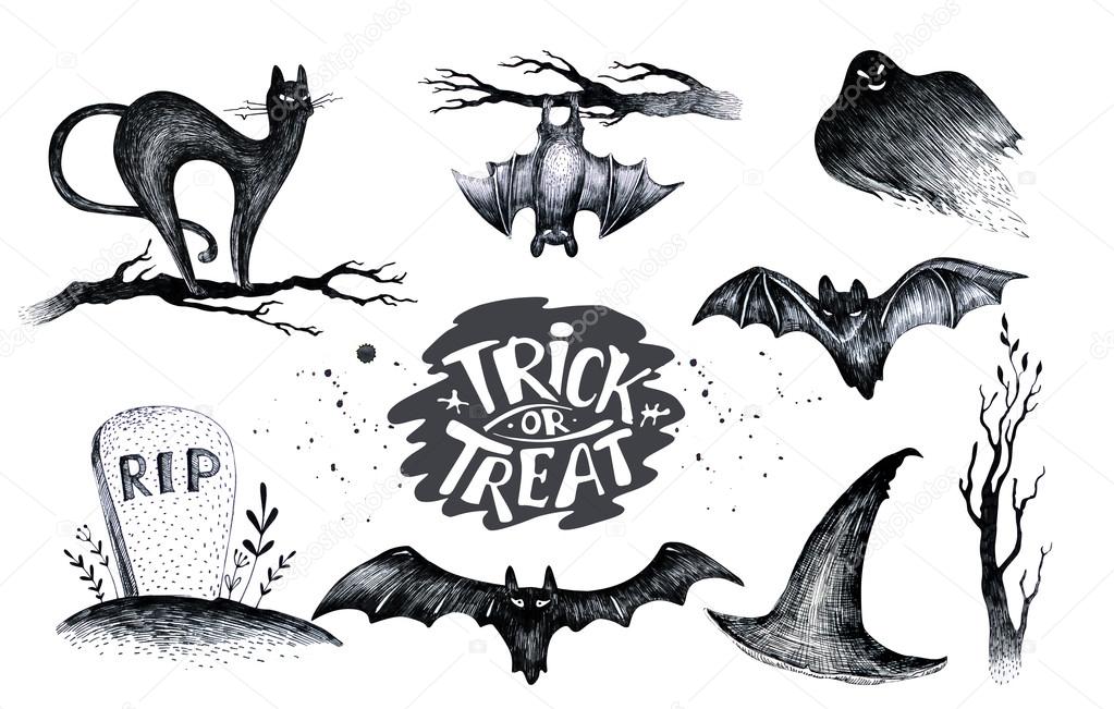 Halloween hand drawing black white graphic set icon, drawn Halloween symbols pumpkin, broom, bat, witches. Horror  elements pumpkins, ghosts, witches, bats, bones, stars.Happy Halloween day silhouette