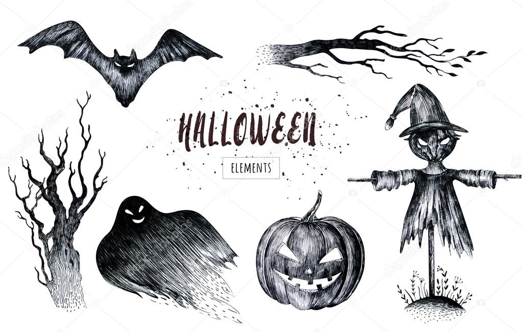 Halloween hand drawing black white graphic set icon, drawn Halloween symbols pumpkin, broom, bat, witches. Halloween horror design elements, logos, badges, labels, icons and objects.