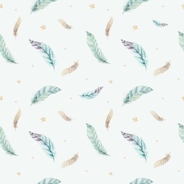 Tüy deseni. Suluboya zarif bir arkaplan. Suluboya renk organik tasarım baskısı. Elle çizilmiş şık duvar kâğıdıyla kusursuz renkli boho dokusu. Kuş çizimi.