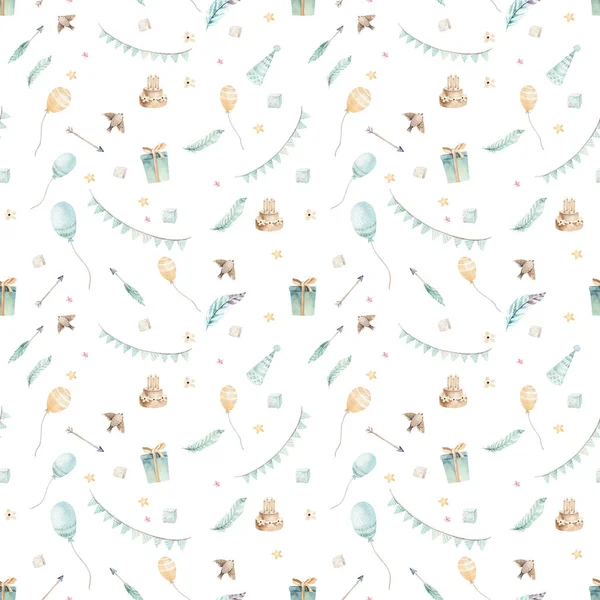 Cute bohemian baby Birthday party seamless pattern. Scrapbooking kids paper nursery decoration. forest illustration for children forest animal pattern