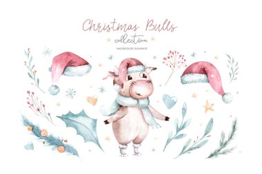 Suluboya çizimi. 2021 'in sembolü. Komik ve şirin Bull. Noel illüstrasyonu