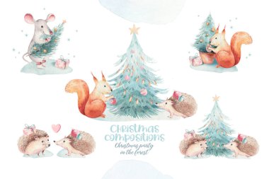 Bir dizi Noel Ormanı Şirin Orman çizgi filmi sevimli geyik ve penguen hayvan karakteri taşıyor. Yeni yıl çiçekleri, buketler, böğürtlenler, çiçekler, kar ve kar taneleri, harfler.