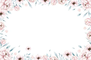 Suluboya çiçekli resim- geometrik çerçeve parlak şeftali rengi, beyaz, pembe, canlı çiçekler, yeşil yapraklar, düğün kartı için. moda, arkaplan, ambalaj, DIY.