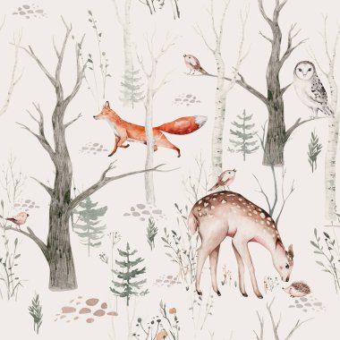 Woodland hayvanları suluboya desenli. Kumaş duvar kağıdı arka planında Baykuş, kirpi, tilki ve kelebek, orman sincabı ve sincap tavşan seti, ayı ve kuş yavrusu hayvan, İskandinav çocuk yuvası