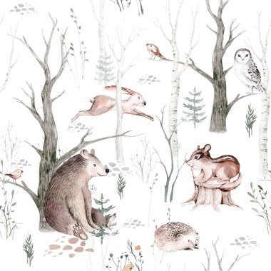 Woodland hayvanları suluboya desenli. Kumaş duvar kağıdı arka planında Baykuş, kirpi, tilki ve kelebek, orman sincabı ve sincap tavşan seti, ayı ve kuş yavrusu hayvan, İskandinav çocuk yuvası