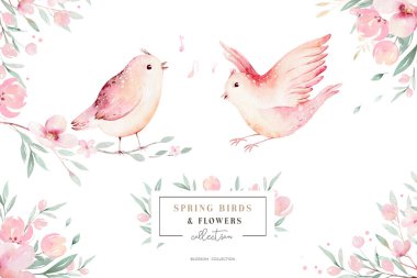 Yeşil yapraklar ve çiçeklerle açan daldaki bahar kuşu. Suluboya resim. El çizimi.