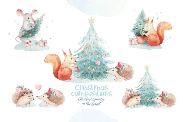 Set Navidad Woodland Lindo Bosque Dibujos Animados Oso Ciervo Lindo —  Fotos de Stock
