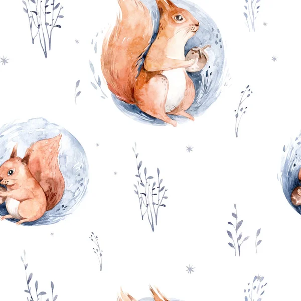 Akvarell Vinter Mönster Rådjur Med Fawn Uggla Kaniner Björn Fåglar — Stockfoto