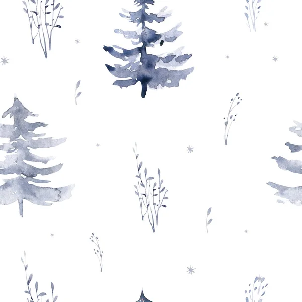 Watercolor Winter Patterns Deer Fawn Owl Rabbits Bear Birds White — Stock Photo, Image