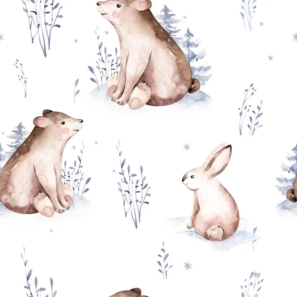 冬の寒さのパターンは 白の背景に鳥を産む フクロウのウサギと鹿 野生の森林キツネやリスの動物が設定されます 手描き冬イラスト — ストック写真