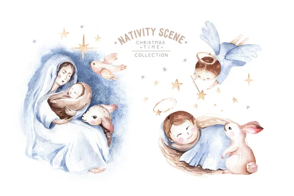 水彩画的圣诞降生场景 基督教故事与玛丽 天使和羊肉 神圣快乐的圣诞贺卡 — 图库照片