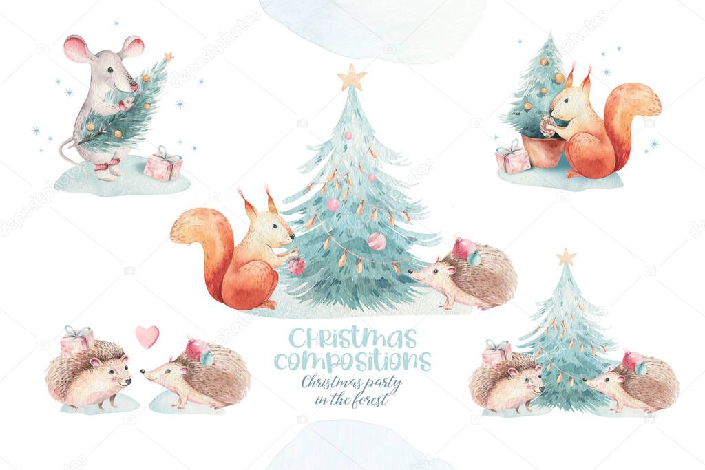 Set of Christmas Woodland Cute forest cartoon bear cute deer and penguin animal character. Winter set of new year floral elements, bouquets, berries, fllowers, snow and snowflakes, lettering