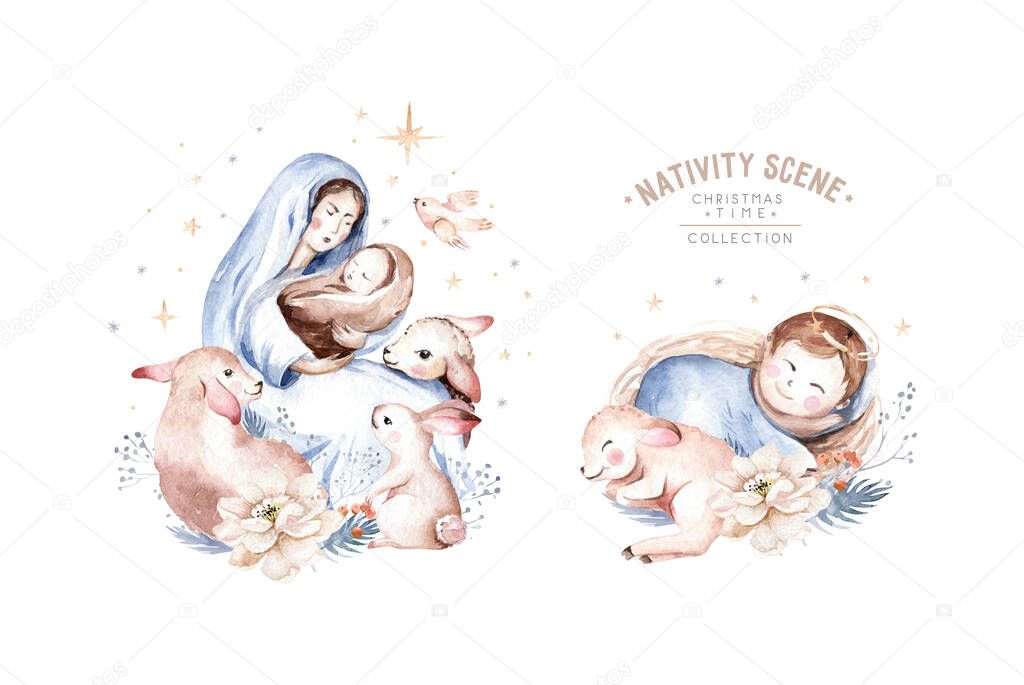 Watercolor christmas nativity scene. Christianity story with mary, angel and lamb. Holy jolly christmas card.