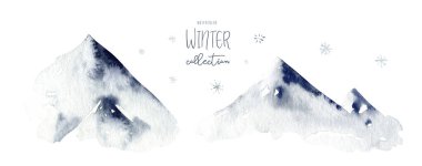 Dağlarda Çam ağaçlarıyla el boyaması ile suluboya kış manzarası. Beyaz arkaplanda izole edilmiş.