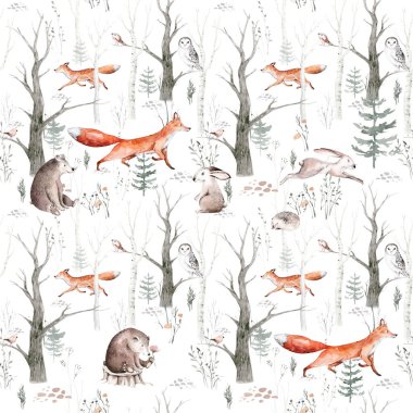 Woodland hayvanları suluboya desenli. Kumaş duvar kağıdı arka planında Baykuş, kirpi, tilki ve kelebek, orman sincabı ve sincap tavşan seti, ayı ve kuş yavrusu hayvan, İskandinav çocuk yuvası
