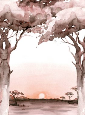 Suluboya manzarası: Afrika 'nın çöl gündoğumu. Akasya ağaçlarıyla el boyaması doğa manzarası. Düğün davetiyesi için çok güzel bir safari sahnesi..