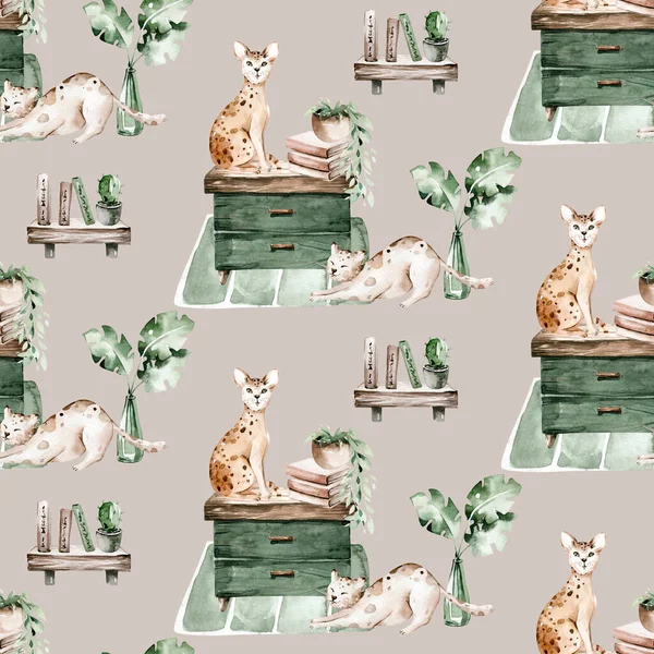 Watercolor Seamless Pattern with cute cartoon cats in scandinavian interior for Children. Cozy home with cats. Kids scrapbooking paper and wallwaper design