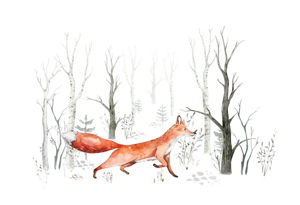 Woodland Aquarell Niedliche Tiere Baby Fox Kinderhase Skandinavischen Wald Baumschule — Stockfoto