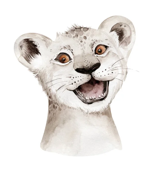 アフリカ水彩サバンナライオン 動物イラスト アフリカサファリ野生の猫かわいいエキゾチックな動物の肖像文字に直面しています 白いポスターに隔離された招待状のデザイン — ストック写真