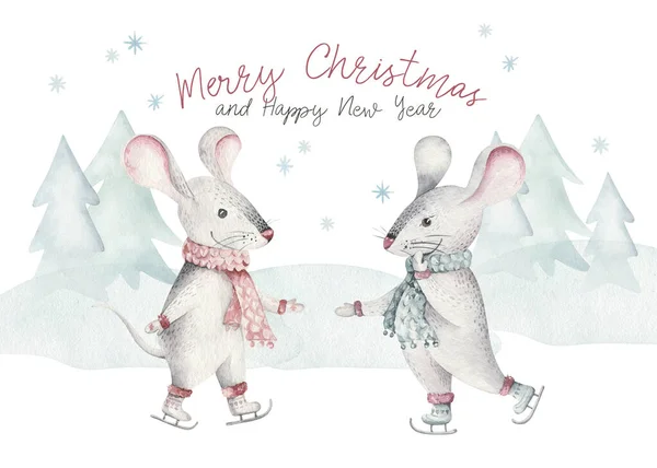 Cute cartoon christmas rat mouse christmas card. Watercolor hand drawn animal illustration. New Year 2020 holiday drawing