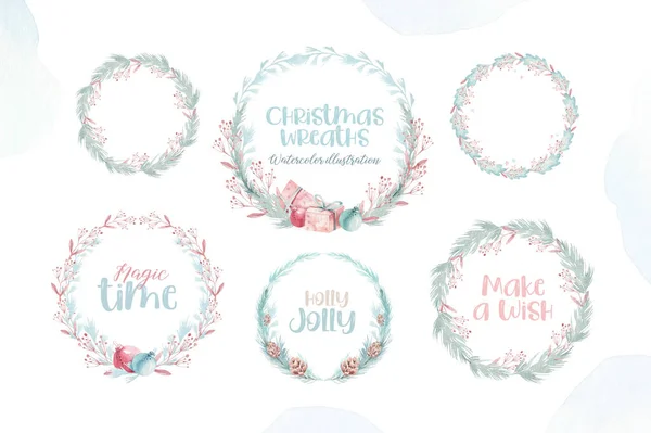 水彩缤纷的冬季花卉花环 圣诞快乐和新年快乐节日装饰卡片的设计 手绘树枝构图 乔利的设计 — 图库照片