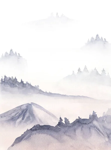 Watercolor Winter Landscape Fir Forest Mountains Christmas Ans New Year — Stock Photo, Image