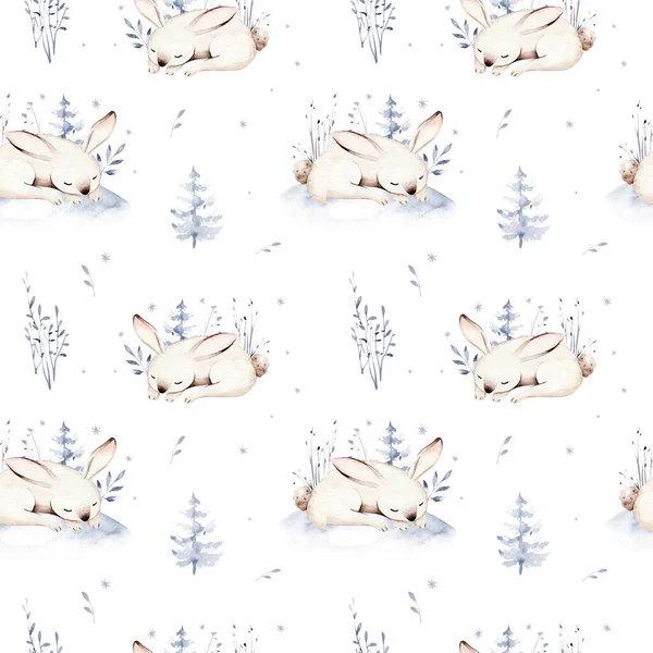 Yavru Geyikli Suluboya Kış Desenleri Baykuş Tavşanları Beyaz Arka Planda — Stok fotoğraf