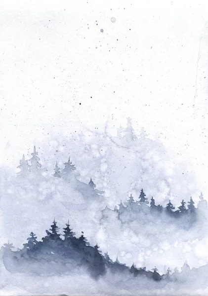 Aquarell Winterlandschaft Mit Tannenwald Die Berge Weihnachten Und Neujahr Schnee — Stockfoto