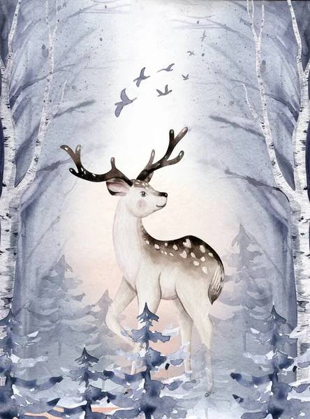 水彩鹿与小鹿 鸟类隔离在白色背景 野生森林动物集合体 手绘冬季插图 — 图库照片