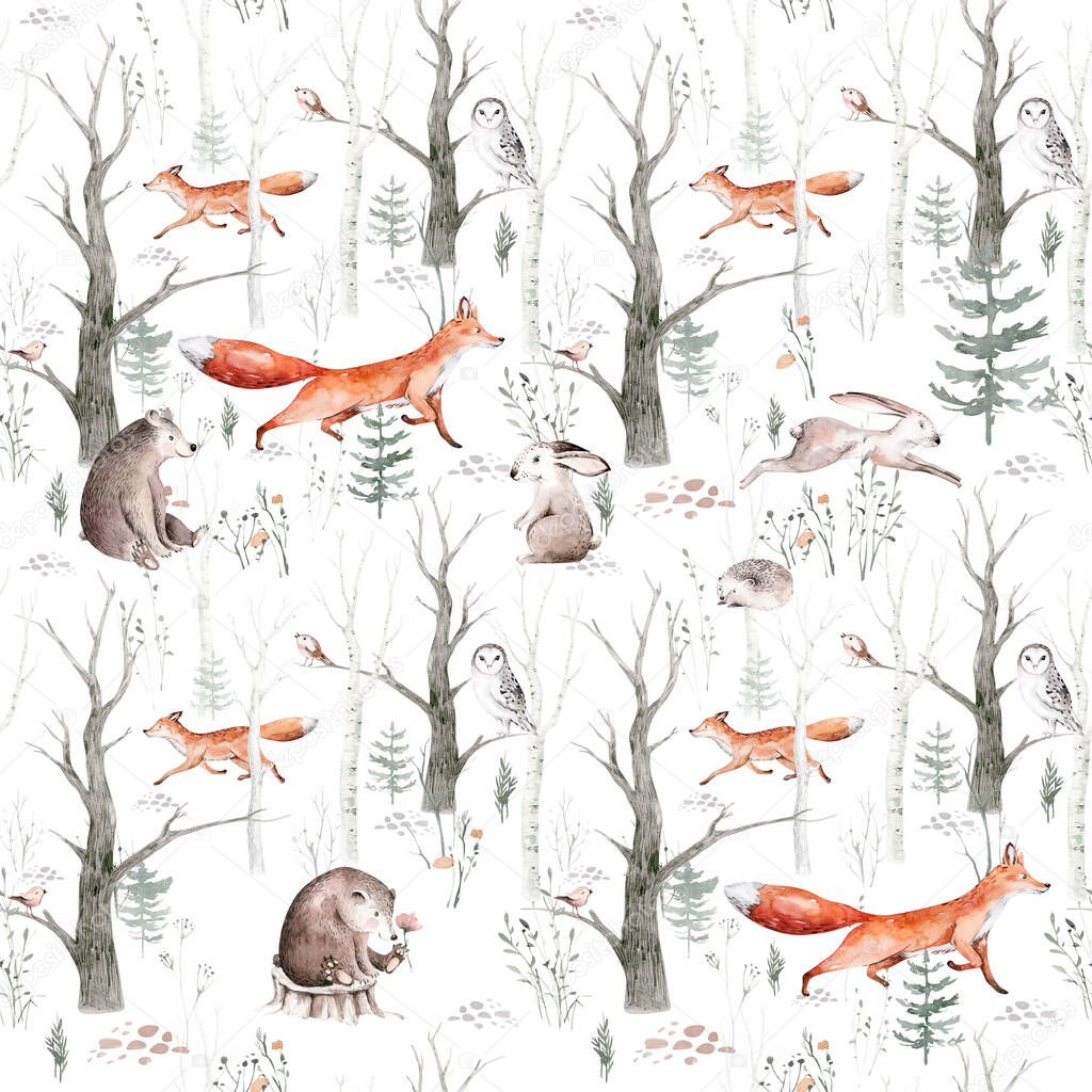 Watercolor Woodland animals seamless pattern. Fabric wallpaper background with Owl, hedgehog, fox and butterfly, Bunny rabbit set of forest squirrel and chipmunk, bear and bird baby animal, Scandinavian Nursery