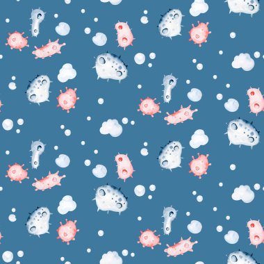 Sevimli hayvan doktoru, haplar, ambulans, maske, bakteri, virüsler, koronavirüs. Suluboya el çizimi erkek ve kız doktor seti.