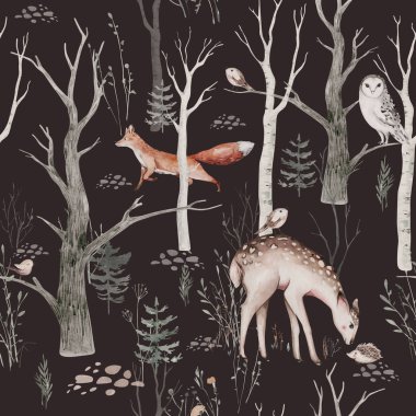 Woodland hayvanları suluboya desenli. Kumaş duvar kağıdı arka planında Baykuş, kirpi, tilki ve kelebek, orman sincabı ve sincap tavşan seti, ayı ve kuş yavrusu hayvan, İskandinav çocuk yuvası