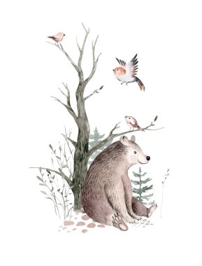 Woodland suluboya şirin hayvanlar bebek ayı. İskandinav ayısı orman kreşinin poster tasarımında. İzole edilmiş tüzük.
