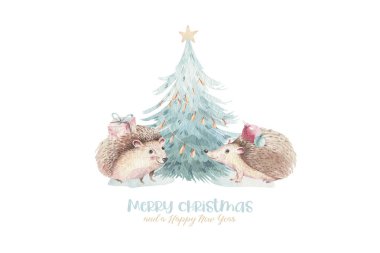 Bir dizi Noel Ormanı Şirin Orman çizgi filmi sevimli geyik ve penguen hayvan karakteri taşıyor. Yeni yıl çiçekleri, buketler, böğürtlenler, çiçekler, kar ve kar taneleri, harfler.