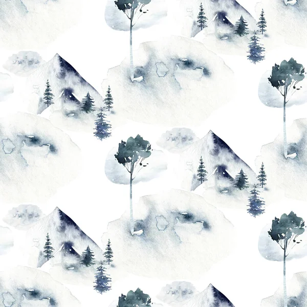 手は山の松の木と水彩冬の風景を描いた 白地に隔離 — ストック写真