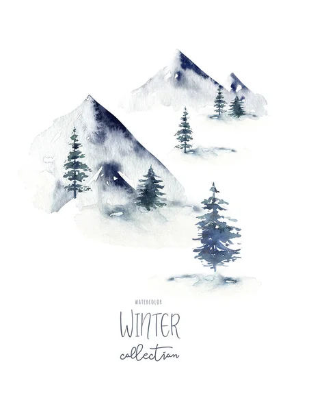 Pintado Mão Paisagem Aquarela Inverno Com Pinheiros Nas Montanhas Isolado — Fotografia de Stock