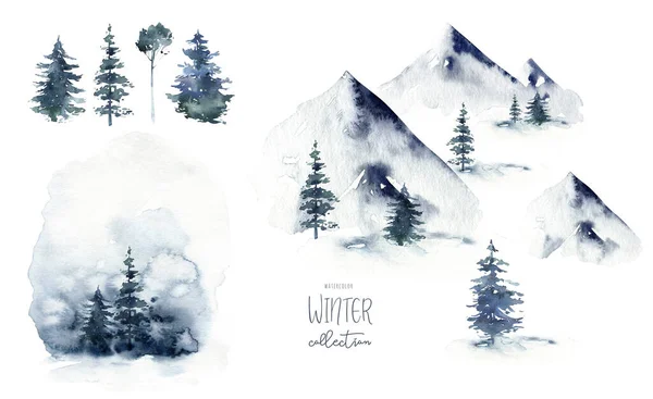 Ręcznie Malowany Akwarelowy Zimowy Krajobraz Sosnami Górach Izolacja Białym Tle — Zdjęcie stockowe