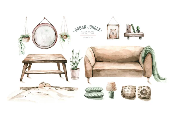 Fundo Boêmio Interior Vintage Com Mobiliário Moderno Meados Século Decoração — Fotografia de Stock