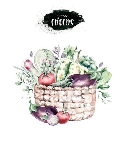 Zelenina Zdravé Organické Akvarel Dřevěné Krabice Proutěný Koš Paprikou Pórek — Stock fotografie