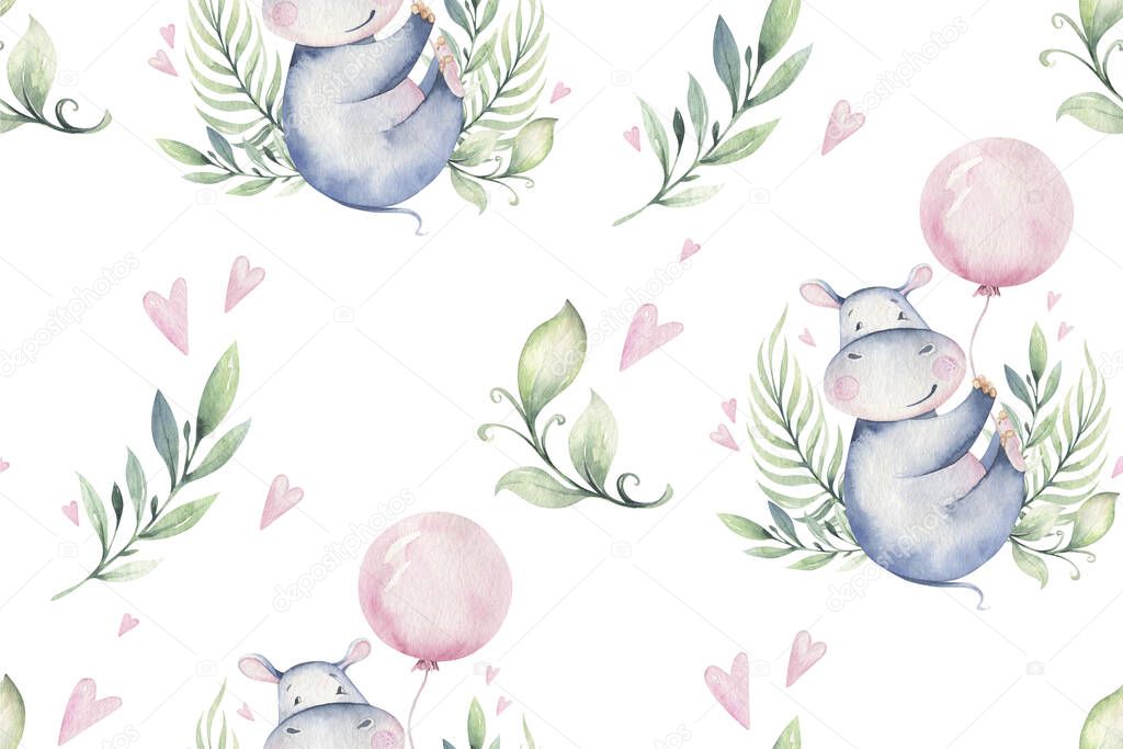 Hand drawn cute isolated tropical summer watercolor hippo animal seamless pattern. hippopotamus baby and mother cartoon animal illustrations, jungle tree, brazil trendy design.