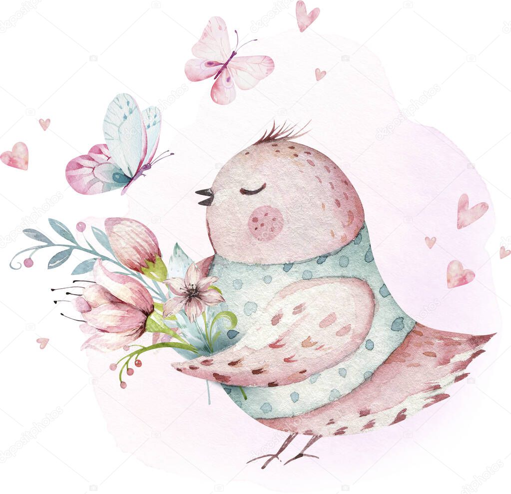 Cute Fairy character watercolor illustration on white background. Magic fantasy cartoon pink design