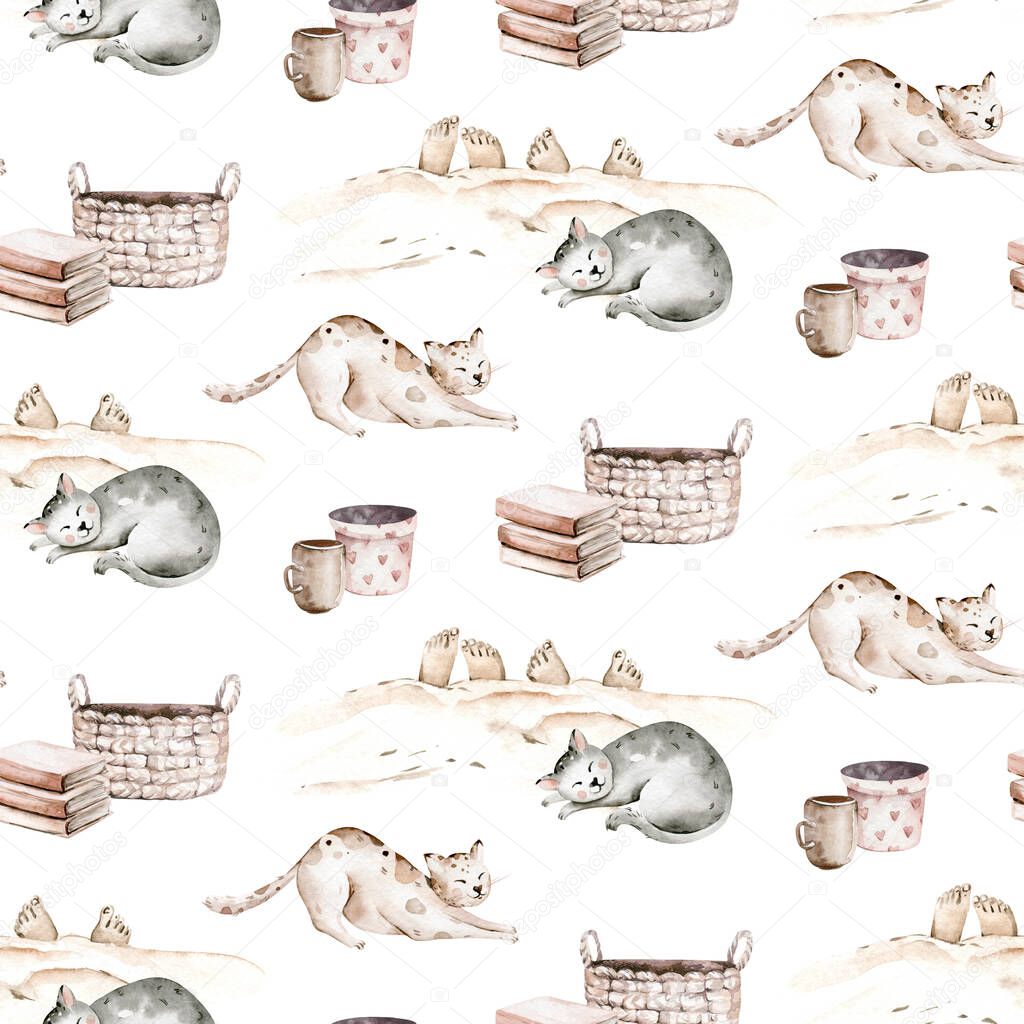 Watercolor Seamless Pattern with cute cartoon cats in scandinavian interior for Children. Cozy home with cats. Kids scrapbooking paper and wallwaper design