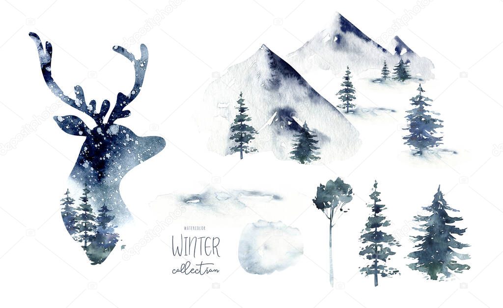 Watercolor winter forest with deer head. Christmas tree landscape with Pine Trees fir in the Mountains. Hand painted Isolated on white Background. Snow holiday