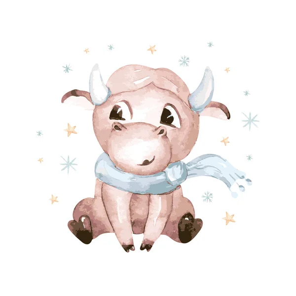 水彩画 2021年的象征 有趣又可爱的公牛圣诞插图 — 图库照片