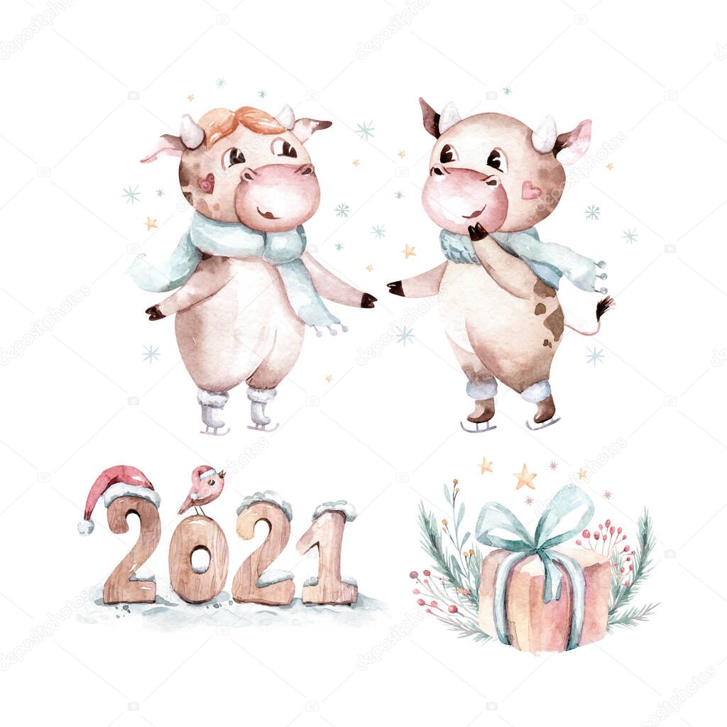 Watercolor illustration. Symbol of the year 2021. Funny and cute Bull. Christmas illustration