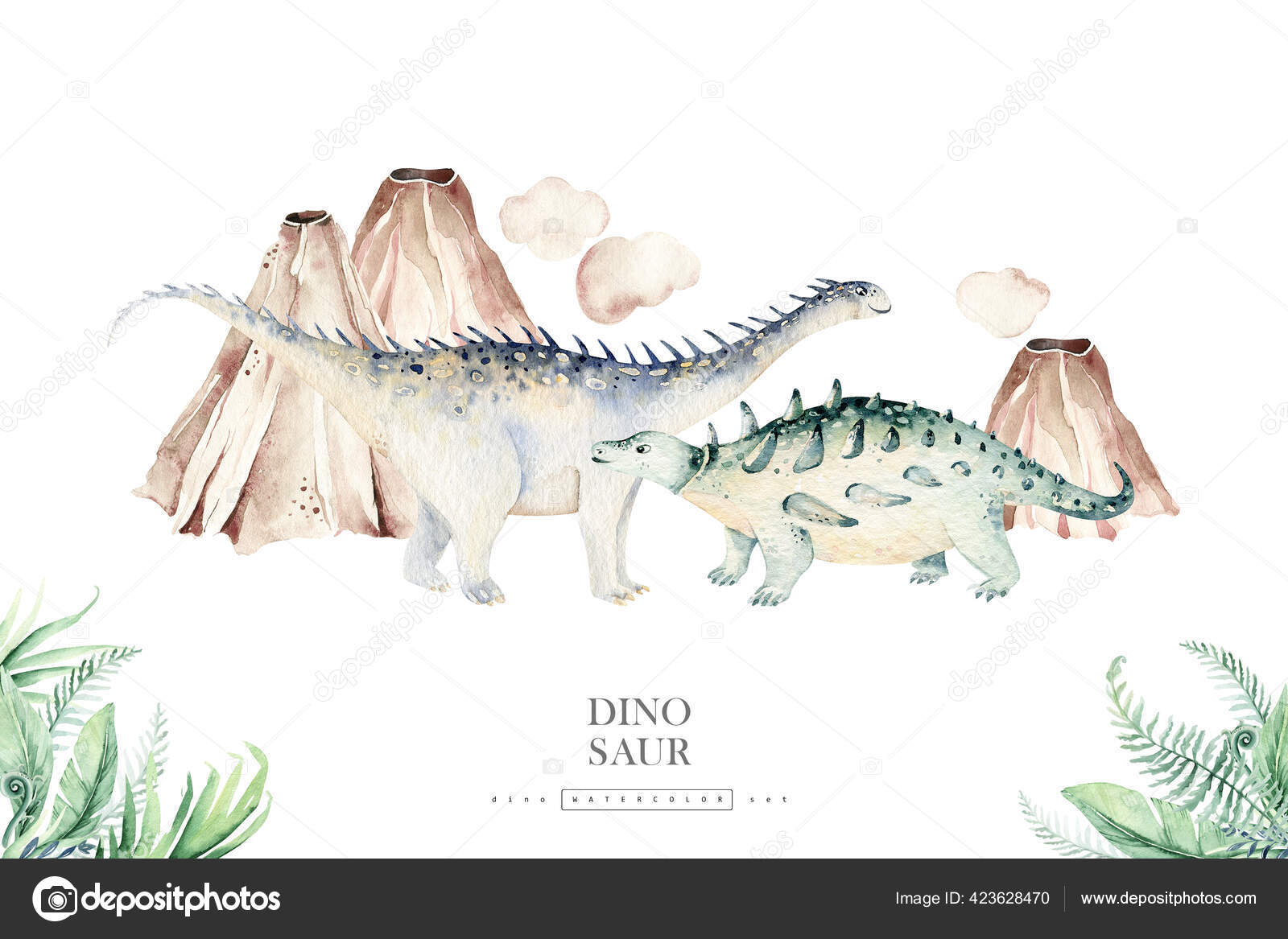 Conjunto de dinossauros de desenhos animados bonitos em aquarela pintados à  mão